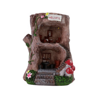 Maison de fée en résine sur tronc d'arbre, statue avec lumière LED solaire, maison d'elfe miniature à deux étages, maisonnette champignon et fleur peinte à la main pour patio et jardin