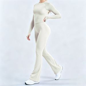 Nouvel ensemble de yoga pour <span class=keywords><strong>femme</strong></span> L-03 – Tenue de sport sans couture avec pantalon évasé et haut à manches longues pour la gym, le fitness, l'entraînement et la course à pied - Product Image 3