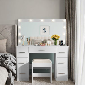 OEM bianco toletta con specchio e illuminazione 7 cassetti e prese di corrente include sedia per camerino da donna - Product Image 1