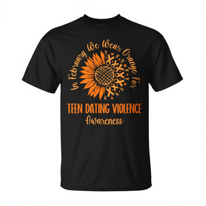 T-shirt promozionale con girasole arancione per la consapevolezza sulle violenze nei rapporti di fidanzamento tra adolescenti - Categoria Febbraio - Product Image 3