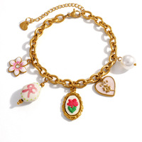 Gelang Baja Anti Karat OZE Cross-Border Berlapis Berlian Desain Bunga Tetesan Minyak Mawar Lapisan Emas Asli Tahan Air DIY Wanita
