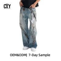 Jean droit en denim ODM pour homme, en coton épais, style streetwear, taille mi-haute, délavage moyen, imprimé 3D, collection printemps