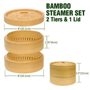 Бамбуковая Пароварка в комплекте, корзина, 8 дюймов, китайская корзина для варки пельменей Dim Sum с паровой тканью, 2 шт. и фарфоровая тарелка для варки, 1 шт. - Product Image 2