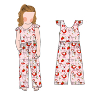 Combinaison boutonnée sans manches à imprimé mignon, adaptée aux filles, avec jambes larges et poches, pour un usage décontracté estival