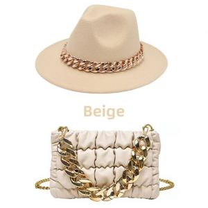 Custom Wholesale Vintage British Style Lady Wide Flat Brim Wool Panama Fedora Hat and Purse Fedora Hat With Chains - Product Image 4