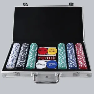 Set Poker chip 300 profesional dengan kotak, Set permainan Poker lengkap dengan chip gaya kasino, kartu, dadu