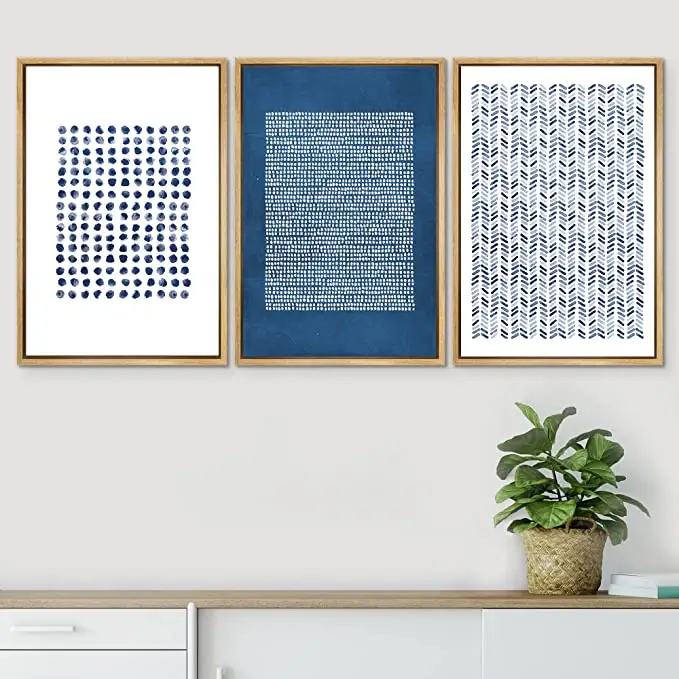 Framed Canvas Print Wall Art Set Blue Geometric Pattern Landscape Abstract Shapes Illustrations Modern Art