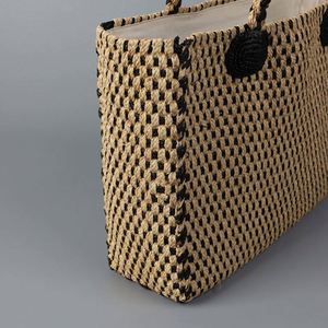 Sac fourre-tout grande capacité bicolore en paille raphia, nouvelle collection été 2025 - Product Image 3