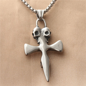 Stainless Steel Skull <b>Cross</b> Pendant Men's Necklace Geometric Design 190160 - Product Image 2