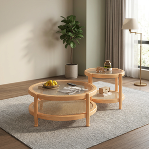 Modern Rattan <b>Coffee</b> <b>Table</b> <b>Set</b> <b>Nesting</b> Living Room Furniture With Storage Shelf Scandinavian Style - Product Image 4