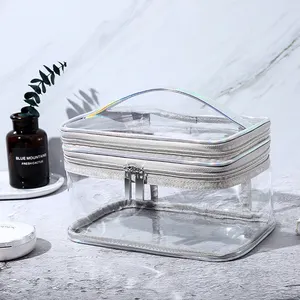 Großhandel Tragbare PVC Kosmetik Fall transparent sauber Make-up Zug Fall mit Griff Reiß verschluss Reise Kultur beutel Männer Frauen