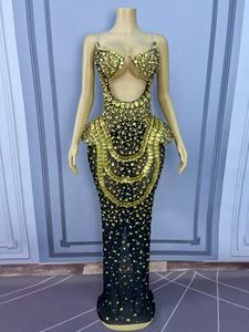 Abito lungo sexy dorato con spalline sottili, cut-out <span class=keywords><strong>e</strong></span> cristalli, aderente, con strass, in rete trasparente, ad asciugatura rapida, per donna, costume da palcoscenico, da <span class=keywords><strong>sera</strong></span> - Product Image 5