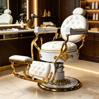 Fauteuil de Barbier Hydraulique Vintage Blanc Doré de Luxe pour Salon de Coiffure et de Beauté, Mobilier de Salon Ajustable avec Repose-Pieds