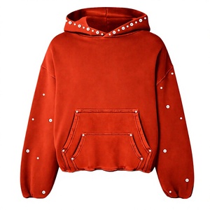 เสื้อฮู้ดโอเวอร์ไซส์สั่งทำพิเศษ สีแดงล้วน ผ้าโพลีเอสเตอร์ 100% เฟรนช์เทอร์รี่ แต่งคริสตัลที่กระเป๋า แขนยาว ใส่ได้ทั้งชายและหญิง สำหรับฤดูหนาว - Product Image 1