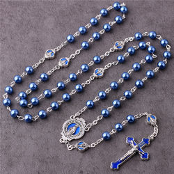 Rosario collar católico <span class=keywords><strong>y</strong></span> Cristiano símbolos crucifijo colgante Vintage azul real cuentas aleación Rosario collar con cuentas - Product Image 2