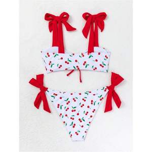 Ensemble de bikini personnalisé pour femme, imprimé cerises, maillot de bain deux pièces, dos croisé, lacets, extensible, spandex, nylon - Product Image 6