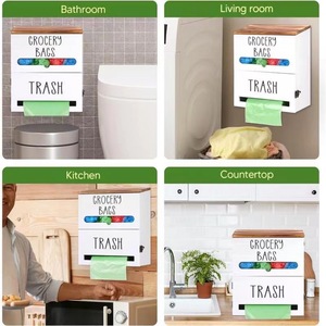 <b>Kitchen</b> Grocery Bag <b>Storage</b> <b>Box</b> With Trash Dispenser Wooden Top White Rectangle Standing Type Punch Free - Product Image 2