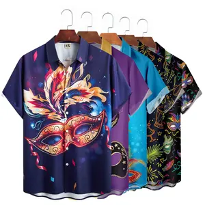 New Arrival Fashionable Carnival Masks Print Beach Wear Casual Extra Comfy Hawaiian Shirt Short Sleeve Summer Apparel For Men