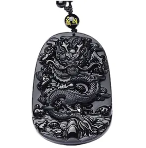 SC Crystal Pendant Dragon Necklace Pattern with Extend Bead Chain Black Obsidian Necklace for Men or Women