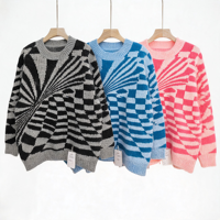 Pull-over surdimensionné pour femme à col rond, motif damier géométrique radiale, personnalisé avec logo, manches longues, doux pour la peau, design de créateur