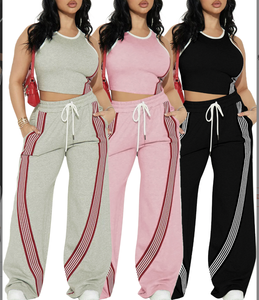 Peeqi D25ST376 Automne 2025 Nouvel ensemble <span class=keywords><strong>pantalon</strong></span> deux pièces pour femmes, haut court sans manches à imprimé <span class=keywords><strong>rayé</strong></span>, <span class=keywords><strong>pantalon</strong></span>, ensemble deux pièces pour femmes - Product Image 1