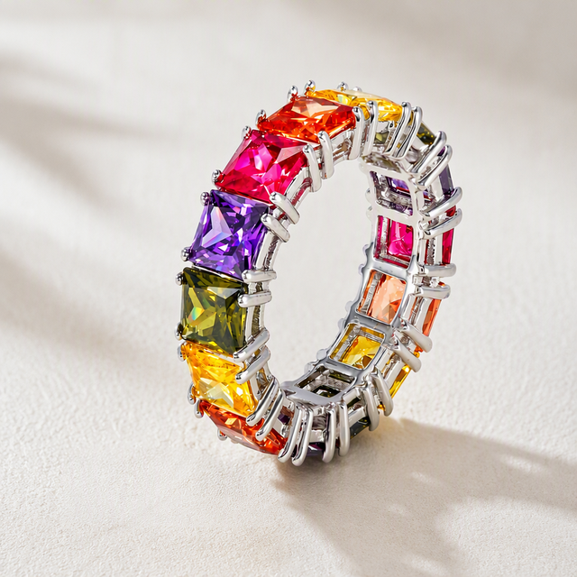 Kirin Custom 925 Sterling Silver Jewelry Wholesale Colorful Rainbow CZ Ring 925 rainbow Eternity Ring baguette rainbow O Ring