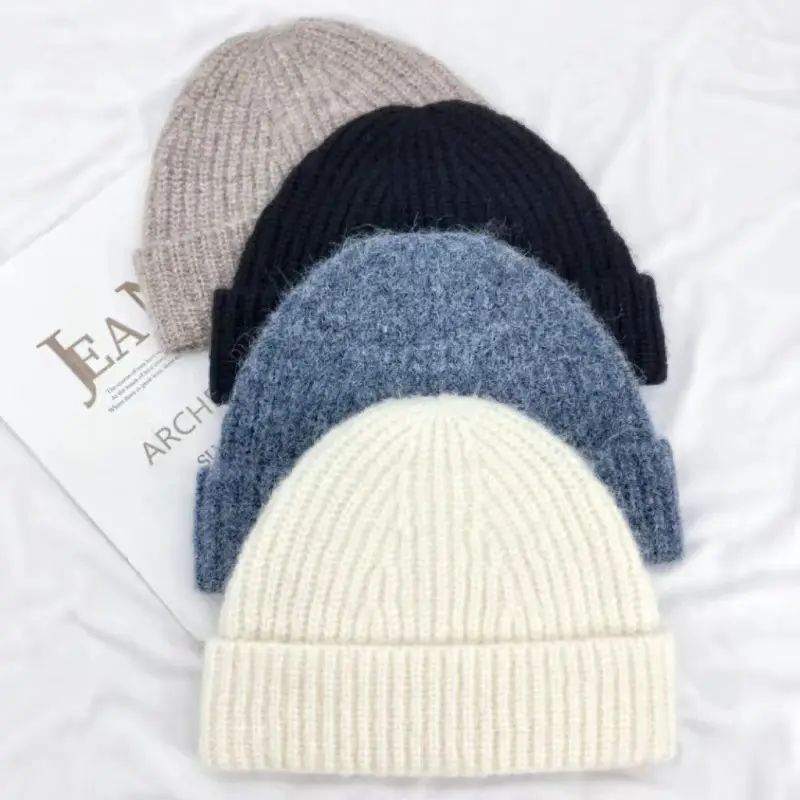 Automne hiver haute qualité femmes 100% laine mérinos tricot chapeau en gros unisexe couleur unie chaud à revers hommes chapeaux laine bonnet