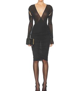 <span class=keywords><strong>Vestido</strong></span> midi negro de malla transparente sin espalda |   Etiqueta Privada Personalizada |   <span class=keywords><strong>Vestido</strong></span> de Fiesta Ajustado con Efecto Fruncido - Product Image 4