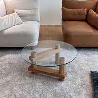 Table basse ronde minimaliste en verre avec base en bois massif pour petit appartement, salon, gain de place, mobilier de maison