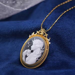 <span class=keywords><strong>Broche</strong></span> pendentif en <span class=keywords><strong>argent</strong></span> S925 plaqué or avec <span class=keywords><strong>camée</strong></span> en agate sculptée en 3D Heizun, broches de créateur pour cadeau de mariage, conçues pour les femmes - Product Image 2