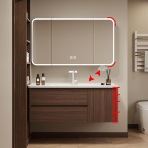 Walnut Colored MDF Integrated Basin Eco-Friendly Durable Intelligent Mirror Waterproof Wall-Mounted <b>Bathroom</b> <b>Cabinet</b> - Product Image 4