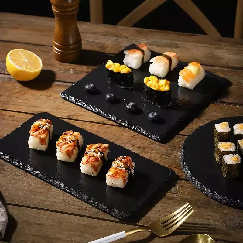 Bán Buôn Tự Nhiên Khỏe Mạnh Vật Liệu Màu Đen Vòng Hình Chữ Nhật Slate Tấm Bít Tết Sushi Slate Bữa Ăn Tối Slate Placemat