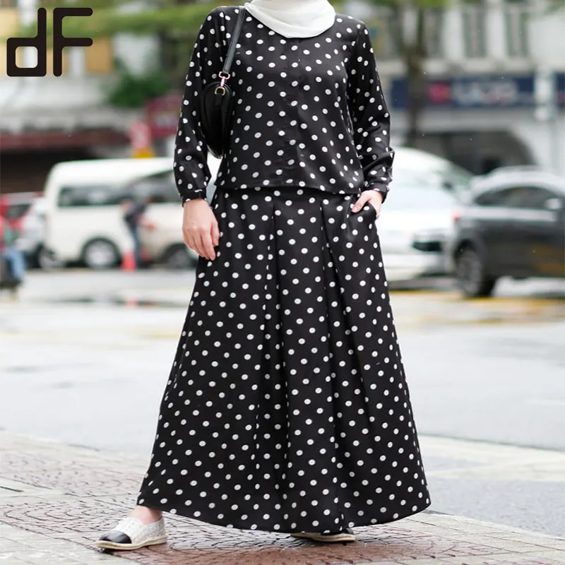 Groothandel Islamitische Kleding Modern Design Fashion Zwarte Stip Print Shirt En Lange Rok Baju Pak Jubah Jurken Kurung