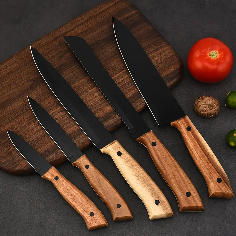 Coltello da cucina per esportazione di fabbrica Set da 5 pezzi coltelli da pane per frutta in acciaio inossidabile coltello da cuoco con manico in legno