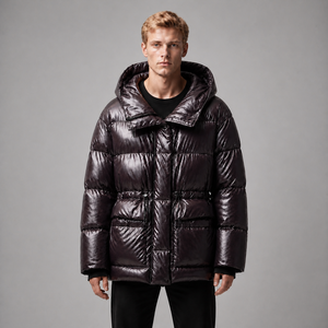 Manteau d'hiver unisexe pour homme, à capuche, en duvet, couleur unie, imperméable, en polyester, coupe ample, fermeture éclair, rembourrage épais, vêtements d'extérieur décontractés - Product Image 1