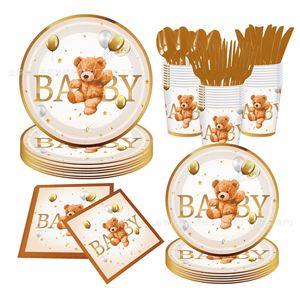 Ensemble de fête pour bébé ours, assiettes en papier, gobelets, serviettes, kit de fournitures de fête jetables pour la célébration de la fête de naissance - Product Image 1