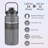 Bouteille d'eau sport grande capacité 2000 ml en acier inoxydable, thermos sous vide, portable pour extérieur et gym, anti-fuite, avec paille intégrée, maintien au chaud 24h