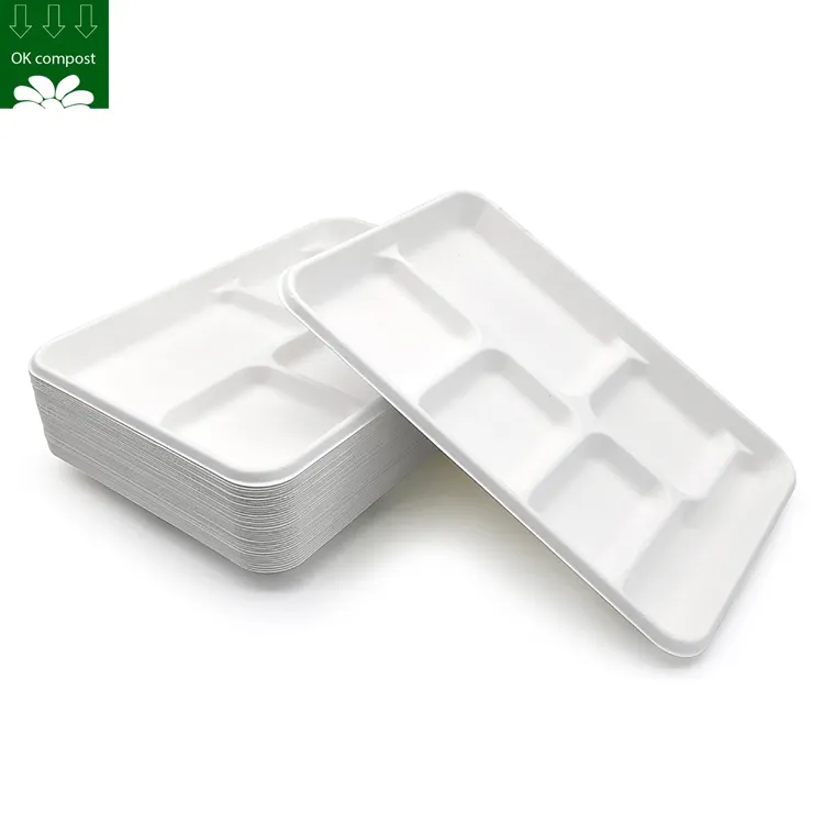 Custom Biodegradable Compostable Sugarcane Bagasse 6 cpt Compartment Food Plate Trays