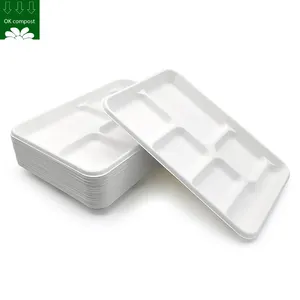 Custom Biodegradable Compostable Sugarcane Bagasse 6 Cpt Compartment Food Plate Trays