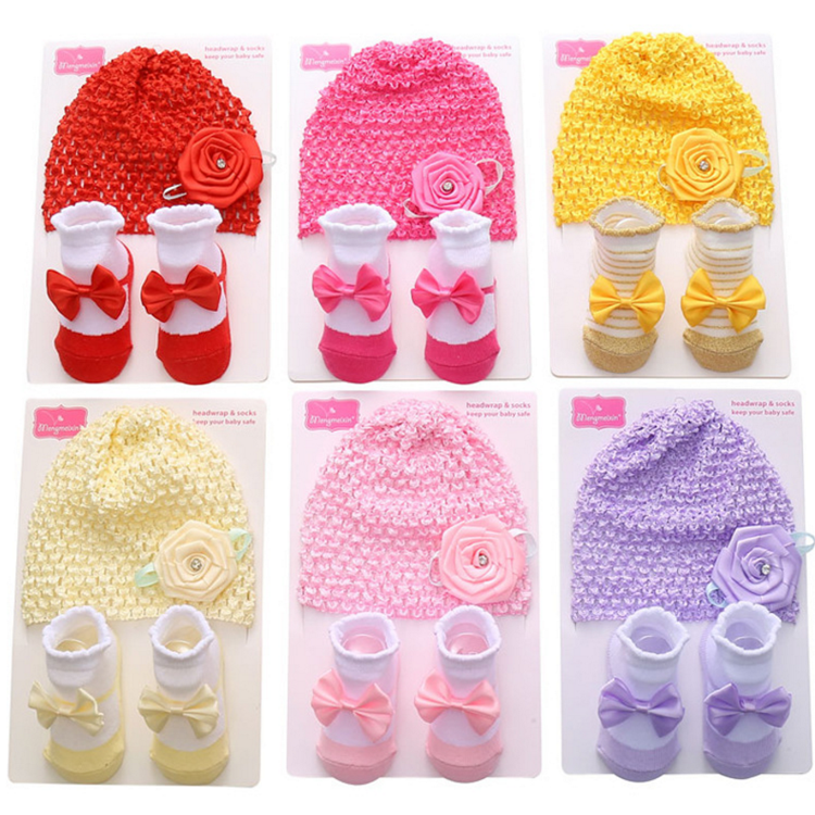 summer breathable newborn princess bow solid color knitted flower cute suit baby girl hats socks