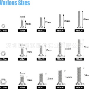 304 Stainless Steel Countersunk Head Screws M3 M4 M5 Nuts Included Various Sizes Grade 8.8 DIN7991 - Product Image 1