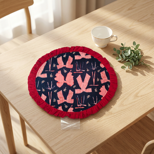 Modern Round Quilted <b>Doormat</b> Ruffle Border Pink Floral Linen Style Multi-functional Home Entry Decor - Product Image 4