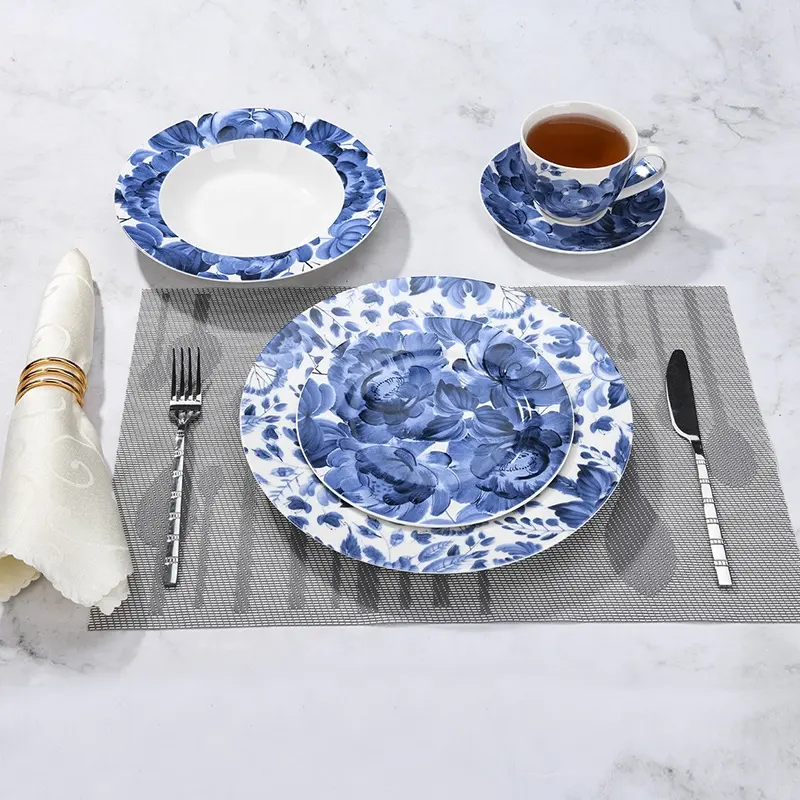 Toptan antika porselen mavi ve beyaz çanak çömlek yemek takımı yemek takımı