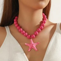 Collier de perles étoile de mer rose vif SongYi - Bijou pendentif vie marine - Accessoires à grosses perles style station balnéaire pour femme