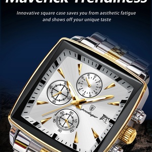 Montre pour homme d'affaires, étanche, lumineuse, avec calendrier, chronographe, carrée, en acier inoxydable, quartz, montres pour homme, Reloj - Product Image 2