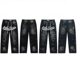 VALEE FOREVERS <span class=keywords><strong>Jean</strong></span> <span class=keywords><strong>Baggy</strong></span> Brodé de Strass, Denim Noir Délavé et Vieilli Style Streetwear <span class=keywords><strong>Vintage</strong></span> - Product Image 1