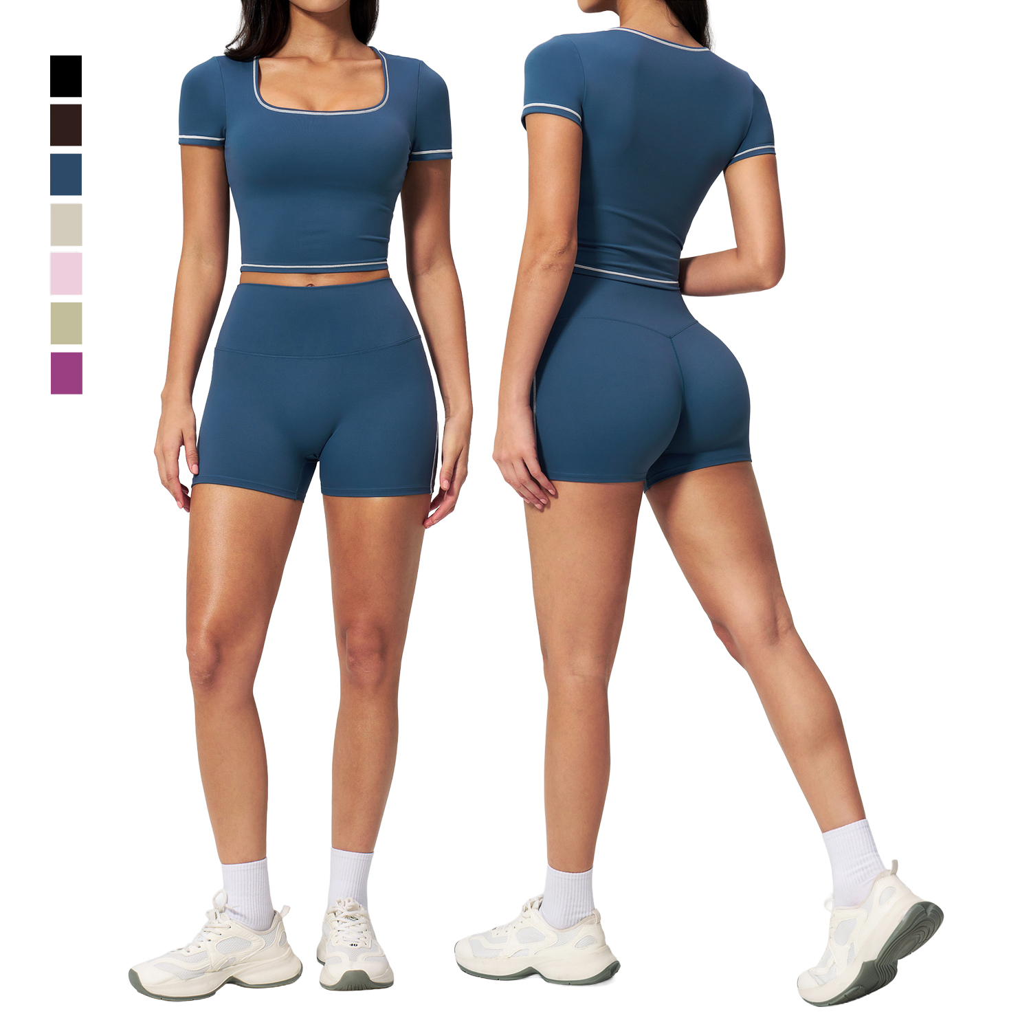 Women Activewear Solid Square Neck Yoga T-Shirt Four-Way Stretch High Waist Butt Lifting Fitness Shorts Breathable Quick Dry