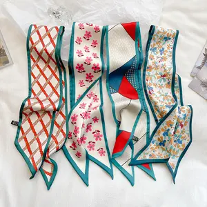 98*9.5cm Women Small Skinny Fashion Neck Scarves Printed Floral Heart Narrow Edge Scarf Wrap Bag Handle Twillies