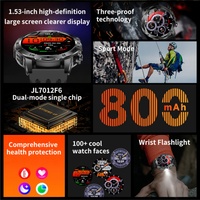 Montre connectée de sport AK92 pour hommes avec lampe de poche, plus de 100 modes sportifs, étanche IP68, boussole, surveillance de la fréquence cardiaque et de la santé