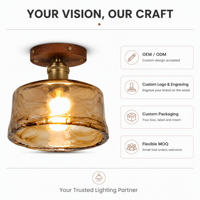 Plafonnier avec abat-jour en verre ambré, E27, 220V, luminaire avec finition couleur noyer, pour restaurant et maison